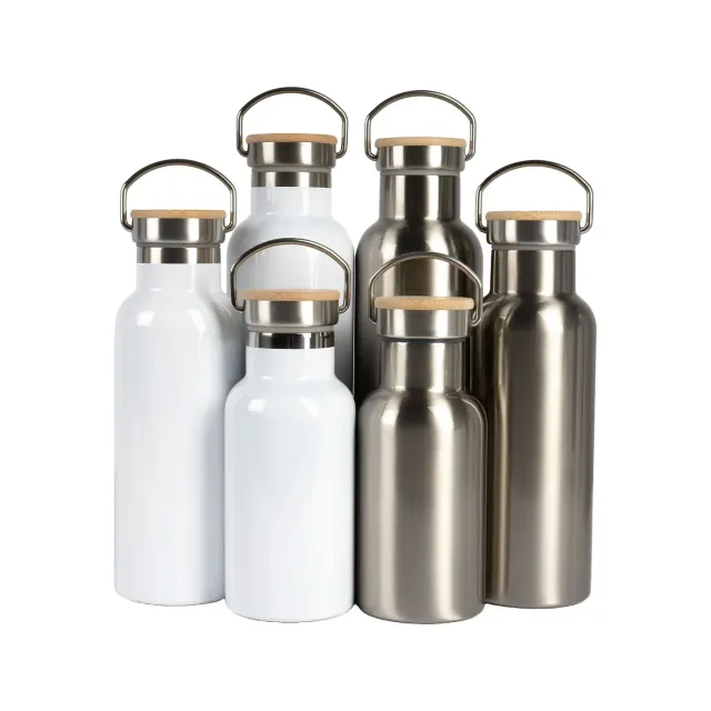 Edelstahl-Thermoflasche mit Bambusdeckel div. Größen und Farben