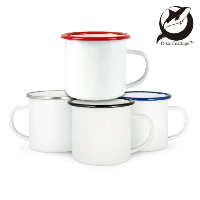 Emailletasse 300 ml mit farbigem Rand im Retro-Look