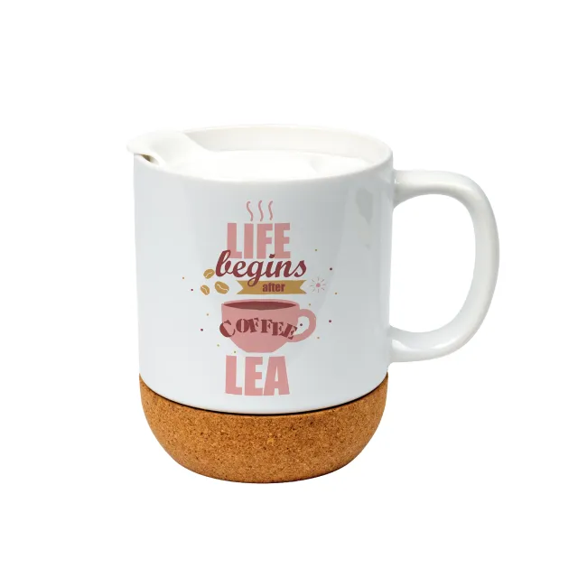 Keramiktasse 330 ml mit Korkboden und Deckel, weiß glänzend