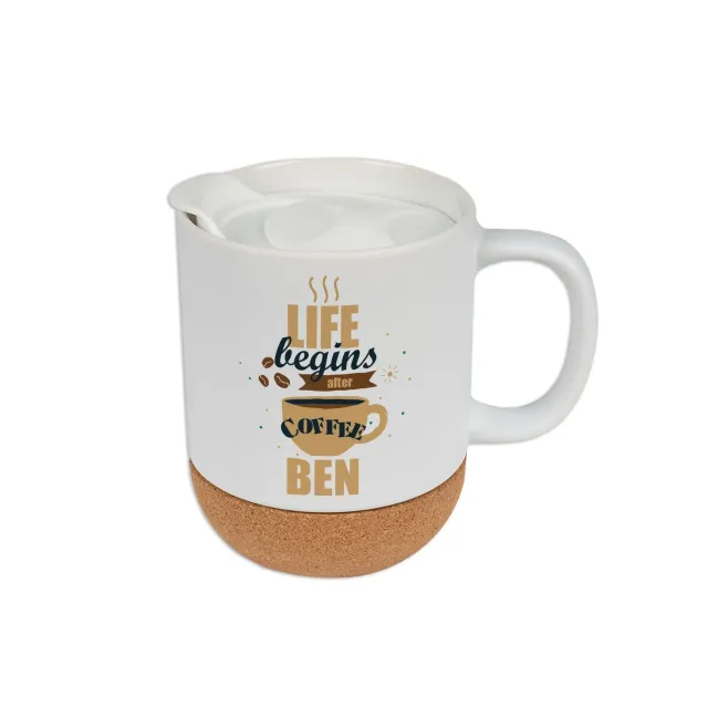 Keramiktasse 330 ml mit Korkboden und Deckel, weiß matt
