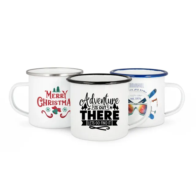 Emailletasse 300 ml mit farbigem Rand im Retro-Look