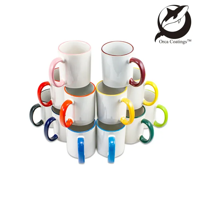 Keramiktasse 330 ml mit farbigem Rand und Henkel in Altrosa / Rosa